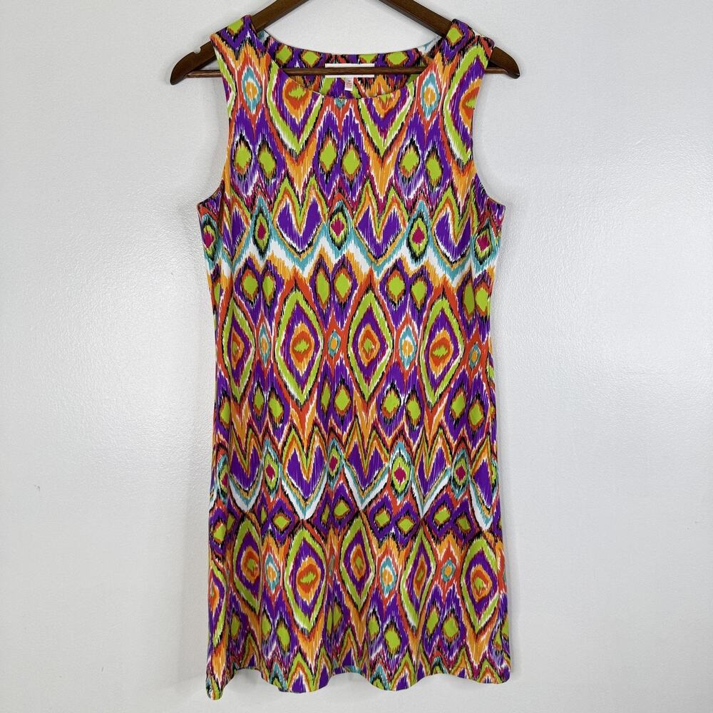 Jude Connally Dress Medium Ikat Sleeveless Shift Jersey Knit Multicolor Womens